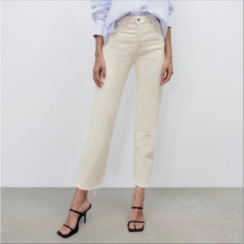 Zara cream straight leg jeans with frayed hem